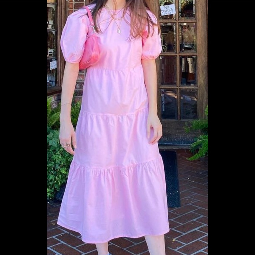 Influence cotton poplin tiered hem midi dress in pink